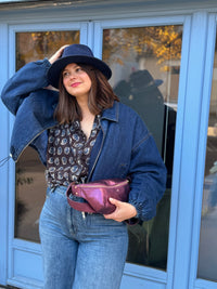 veste automne, bombers jean, au cerf volant, concept store auxerre, mode femme, look automnal jean blouse vaporeuse et chapeau en feutre marine