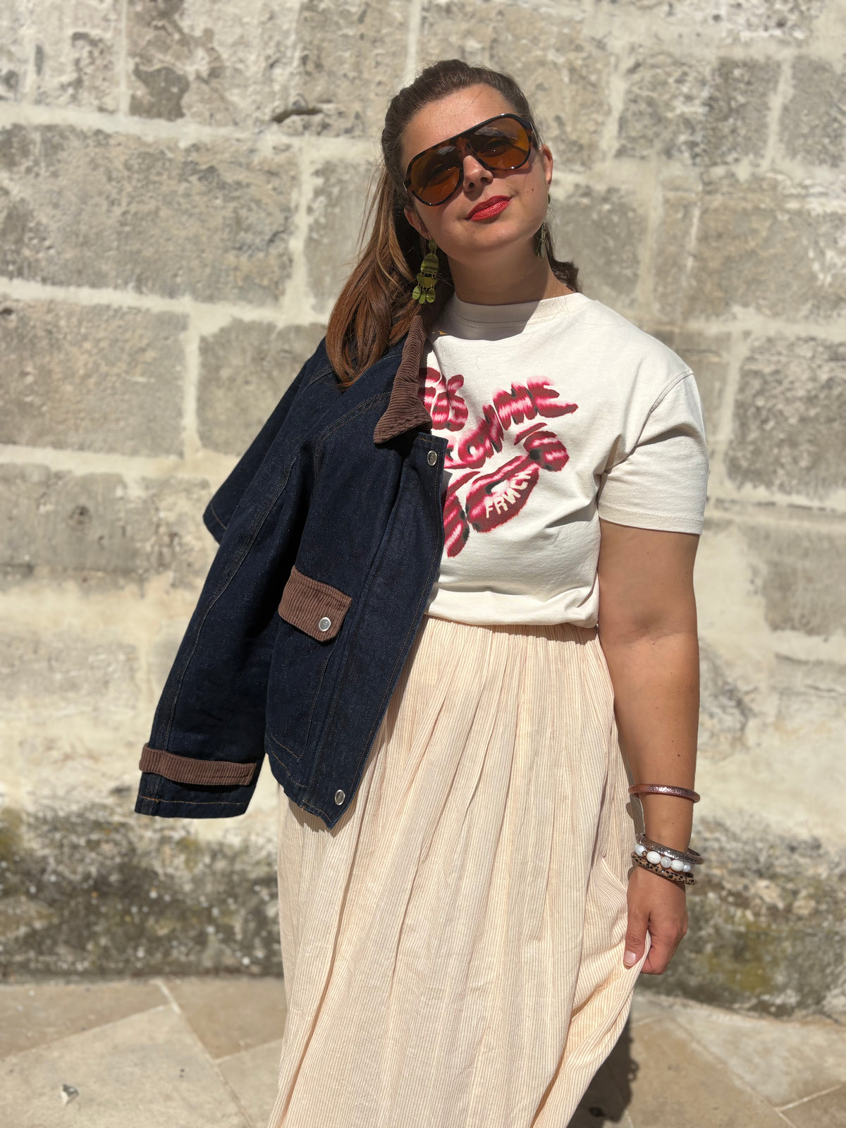 look complet, jupe et veste denim et col velours, auxerre
